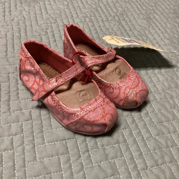 Little Girls Tom's T5 Flat Slip On Pink Orange Glitter Shoes